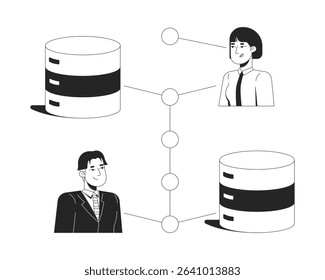 Users securely connected to database servers line illustration concept. Data transfer security. Business IT technology exchange outline 2D characters isolated. Ink linear metaphor vector art