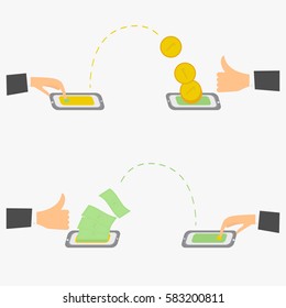 Users send and receive money to each other with their wireless mobile phones Hand pressing smartphone with the application vector