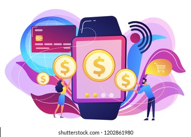 Los usuarios compran y realizan pagos sin contacto con smartwatch. Pago Smartwatch, tecnología NFC y concepto de pago NFC sobre fondo blanco. Ilustración aislada del vector violeta brillante brillante brillante brillante