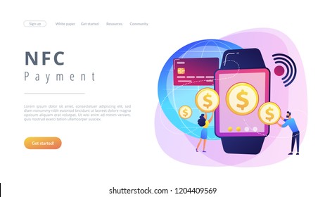 Users shopping and making contactless payment with smartwatch. Smartwatch payment, NFC technology and NFC payment concept on white background. Website vibrant violet landing web page template.