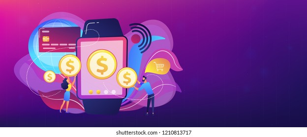 Users shopping and making contactless payment with smartwatch. Smartwatch payment, NFC technology and NFC payment concept on white background. Header or footer banner template with copy space.