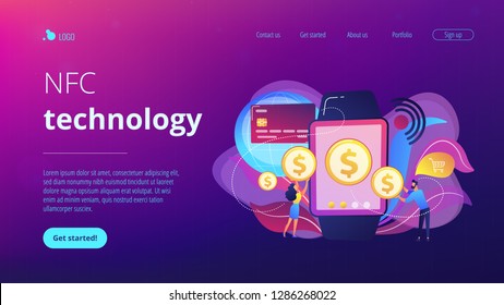 Users shopping and making contactless payment with smartwatch. Smartwatch payment, NFC technology and NFC payment concept on white background. Website vibrant violet landing web page template.