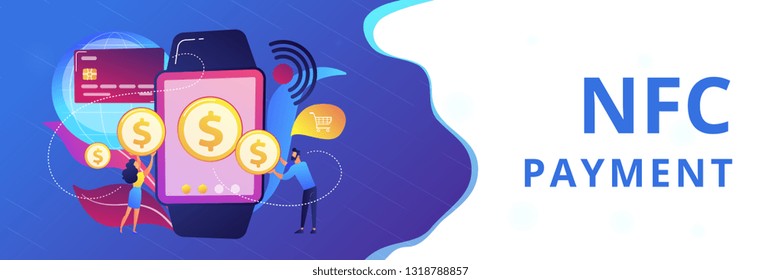 Users shopping and making contactless payment with smartwatch. Smartwatch payment, NFC technology and NFC payment concept on white background. Header or footer banner template with copy space.