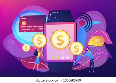 Users shopping and making contactless payment with smartwatch. Smartwatch payment, NFC technology and NFC payment concept on ultraviolet background. Bright vibrant violet vector isolated illustration