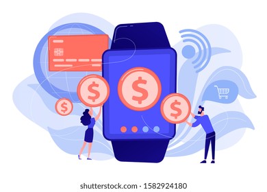 Users shopping and making contactless payment with smartwatch. Smartwatch payment, NFC technology and NFC payment concept on white background. Pinkish coral bluevector isolated illustration