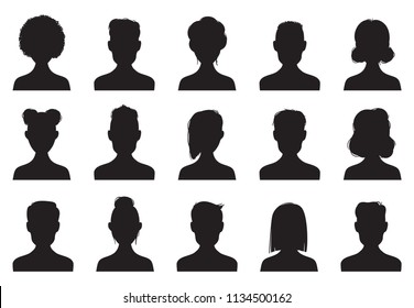 Users silhouette icons. Male and female head silhouettes human face sign. Anonymous person heads people portrait avatar profile template black outline vector isolated symbol set