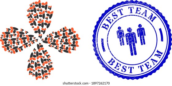 Users swirl abstract flower, and blue round BEST TEAM scratched stamp seal with icon inside. Element flower with 4 petals created from oriented users items. Vector flower collage in flat style.