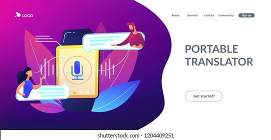 Users translating speech with smartwatch. Digital translator, portable translator, electronic language translator concept on white background. Website vibrant violet landing web page template.
