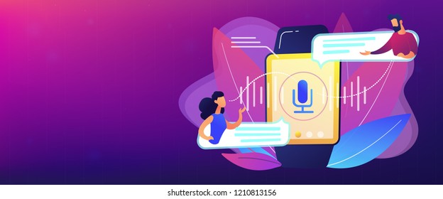 Users translating speech with smartwatch. Digital translator, portable translator, electronic language translator concept on white background. Header or footer banner template with copy space.