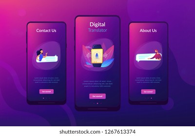 Usuarios traduciendo discurso con smartwatch. Traductor digital, traductor portátil, concepto de traductor de lenguaje electrónico sobre fondo blanco. Plantilla de interfaz de usuario de usuario de Mobile UX GUI, wireframe de interfaz de aplicación