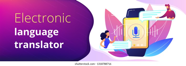 Users translating speech with smartwatch. Digital translator, portable translator, electronic language translator concept on white background. Header or footer banner template with copy space.