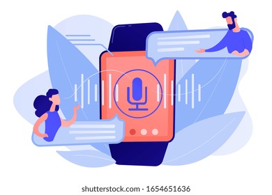 Users translating speech with smartwatch. Digital translator, portable translator, electronic language translator concept on white background. Pinkish coral bluevector isolated illustration