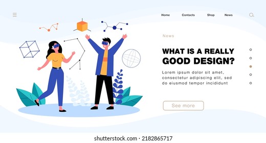Usuarios con gafas VR trabajando con figuras 3d. Educación y trabajo en realidad virtual de la ilustración vectorial plana del hombre y la mujer. Futuro, concepto de innovación para banner, diseño de sitios web o página web de aterrizaje