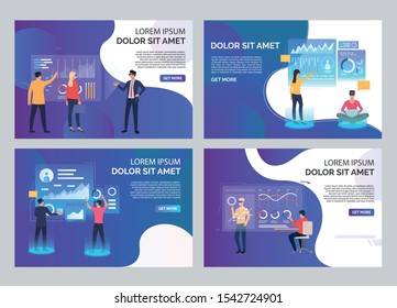 Users in VR headsets set. People watching virtual presentation, touching interactive board. Flat vector illustrations. Virtual reality concept for banner, website design or landing web page