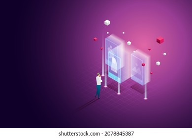 Users wear vr glasses to experience virtual art museum via Metaverse virtual reality technology future digital devices isometric vector illustration. isometric vector illustration.