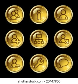 Iconos web de usuarios, series de botones brillantes dorados