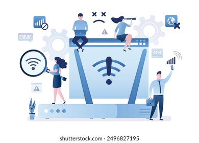 Users without internet connection, wifi unavailable, wi-fi has no internet. Unhappy people using gadgets offline and confused because there is no wifi signal. Problems with router and network. vector