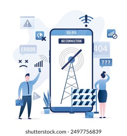 Users without internet connection, wifi unavailable, wi-fi has no internet. Unhappy people using mobile phones offline and confused because there is no wifi signal. Problems with gsm tower and network