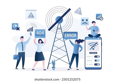 Benutzer ohne Internetverbindung, WiFi nicht verfügbar, WiFi hat kein Internet. Unglückliche Menschen mit Mobiltelefonen offline und verwirrt, weil kein drahtloses Signal. Probleme mit gsm tower und network.