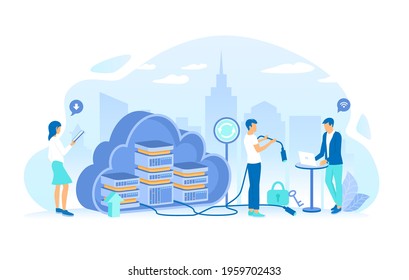 Users work with a cloud service platform. Cloud Computing. Web cloud technology, data storage, hosting, connection. Working process, teamwork communication. Vector illustration flat style.