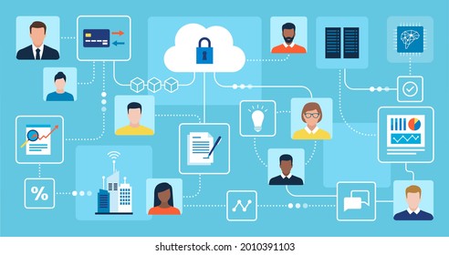 Users Working Remotely And Sharing Data Online, Business And Technology Concept