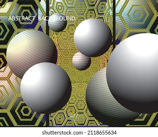 Utiliza hexágonos, círculos, líneas y amarillo y azul para crear una ilusión dimensional.