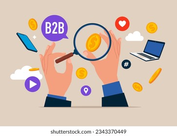 Uses a magnifying glass to view the dollar coin. B2B marketing. SMM, Internet notification. Social media network ads and internet. Appreciate the service. Vector illustration