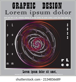 It uses orange, purple, black and lines in the design.