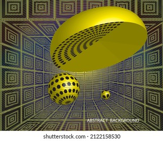 It uses squares, circles, yellow, lines and semicircles to create a 3D image.