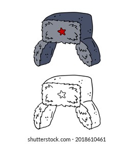 Ushanka Hat. Fur Russian cap with red star. Grey headdress. Cartoon illustration isolated on white