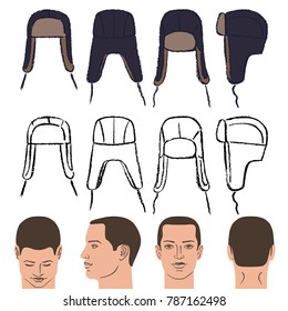 Ushanka russian winter hat and man head set outlined oil pastel template sketch (front, back and side views), vector illustration isolated on white background