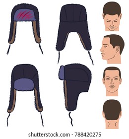 Ushanka russian winter hat and man head outlined oil pastel template sketch (front, back and side views), vector illustration isolated on white background 