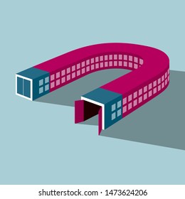 U-shaped building. Isolated on blue background.