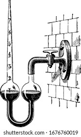Un dispositivo en forma de U montado en la pared con válvula y líquido, utilizado para medir la presión a menudo llamado Manómetro, dibujo vintage o ilustración de grabado.