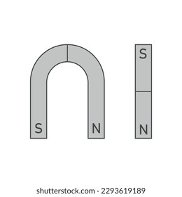 U-shaped magnet and bar magnet. polar magnet diagram. scientific vector illustration isolated on white background.