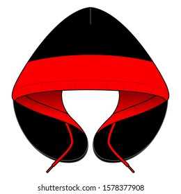 U-Shaped Travel Pillow Black-Red With Hoodie Vector, Perspective View.