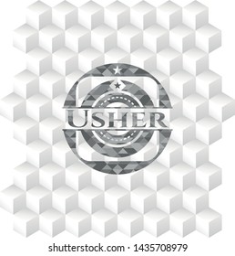 Usher realistic grey emblem with geometric cube white background