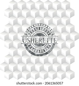 Usherette grey badge with geometric cube white background. 