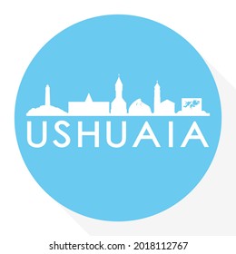 Ushuaia, Argentina Round Button City Skyline Design. Silhouette Stamp Vector Travel Tourismus.