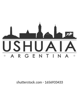 Ushuaia, Provinz Tierra del Fuego, Argentinien Skyline Silhouette Stadt. Vektorillustration für Stadtplanung. Berühmte Denkmäler Tourismus.