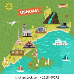 Ushuaia town map with landmark advertising. Argentina sightseeing places like Bridal Veil waterfall, Capsula del Tiempo Philco, Casa Beban, monument Galicia, church, museum del Fin del Mundo