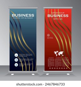usiness luxury roll up banner design, corporate Business roll up banner template Design. Digital Marketing Agency roll up banner design red and blue colour withgold line, vector eps