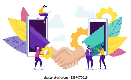 Usiness Partners Messaging. Partnership in Business. Vector Illustration. New Technologies. Communication Partners. New Technology Communication. Presentation New Technologies. Phone and Laptop.