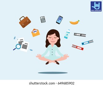 usiness woman sitting in padmasana lotus pose with flying around documents, phone, flying around him
Office worker multitasking & meditating, relaxing doing yoga.
Vector flat illustration concept