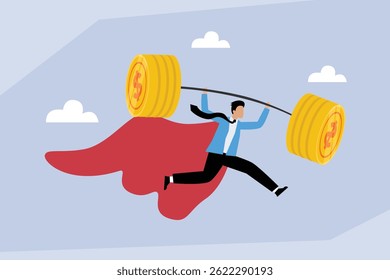 usinessman wearing a red cape and lifting a barbell with large gold coins as weights, symbolizing financial strength and the power to achieve success