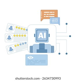 using AI to analyze feedback. analyzing customer reviews to improve product quality development. giving five-star reviews. using artificial intelligence for customer satisfaction. flat design.