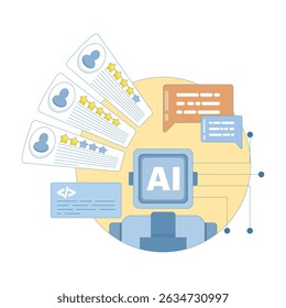 using AI to analyze feedback. analyzing customer reviews to improve product quality development. giving five-star reviews. using artificial intelligence for customer satisfaction. flat design.