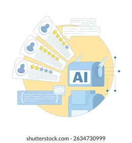 using AI to analyze feedback. analyzing customer reviews to improve product quality development. giving five-star reviews. using artificial intelligence for customer satisfaction. flat design.