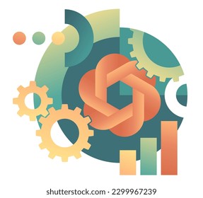 Using AI to boost your business profit. Combination Artificial Intelligence and gear mechanism with growing chart. Abstract vector illustration