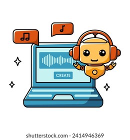 Using AI for music generate. Chat bot assistant for online applications. Cartoon vector concept illustration.
